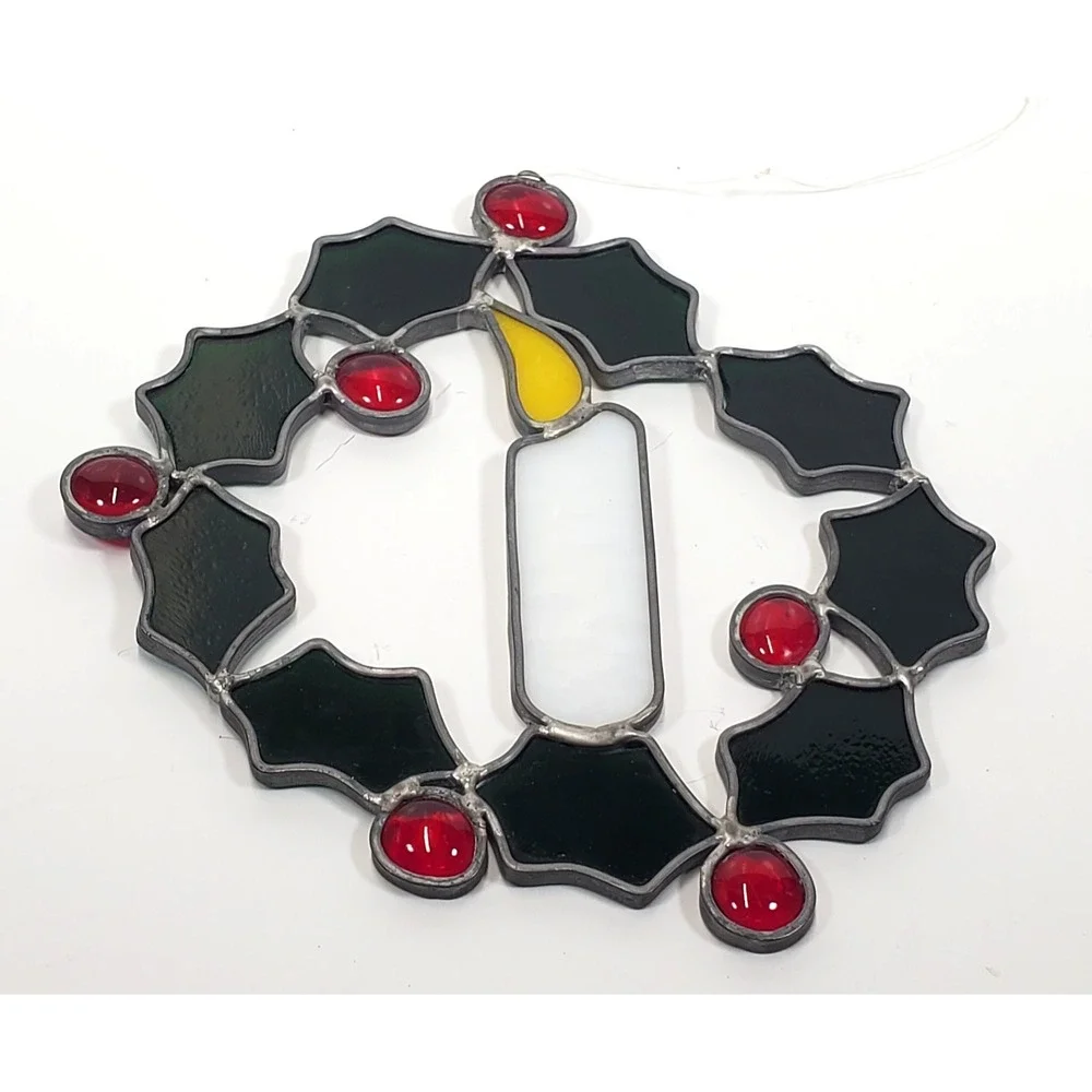 Stained Glass Christmas Candle In Wreath Suncatcher 7 1/2